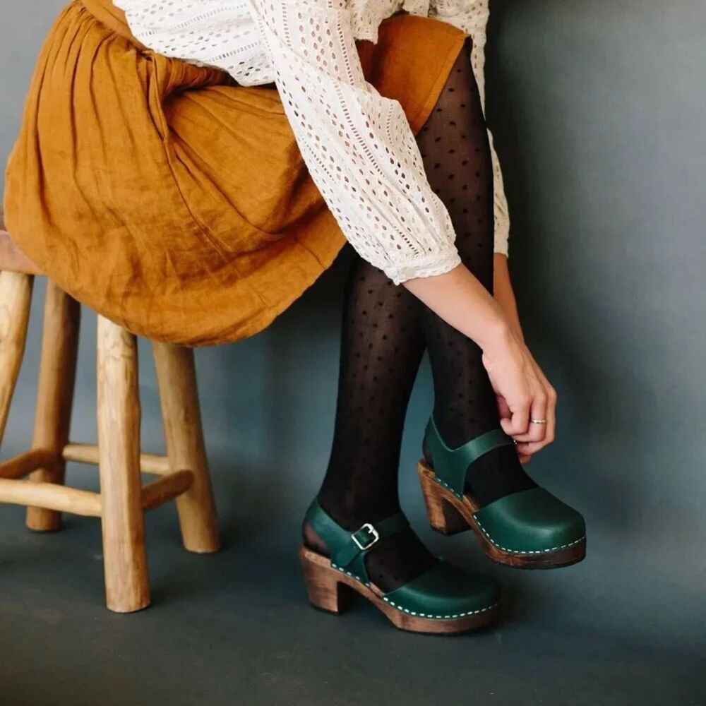 Lotta from Stockholm Dark Hunter Forest Green Leather Wood Heel Clog Sandals 41